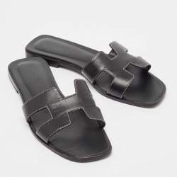 Hermes Black Leather Oran Flat Slides Size 38