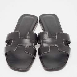 Hermes Black Leather Oran Flat Slides Size 38