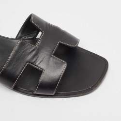 Hermes Black Leather Oran Flat Slides Size 38