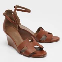 Hermes Brown Leather Legend Wedge Sandals Size 40.5