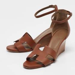 Hermes Brown Leather Legend Wedge Sandals Size 40.5