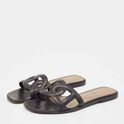 Hermes Black Leather Aloha Flat Sandals Size 41