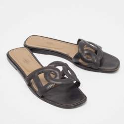 Hermes Black Leather Aloha Flat Sandals Size 41