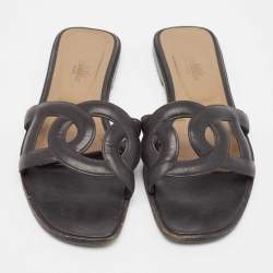 Hermes Black Leather Aloha Flat Sandals Size 41