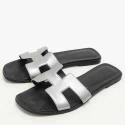 Hermes Silver Leather Oran Flat Slides Size 38.5