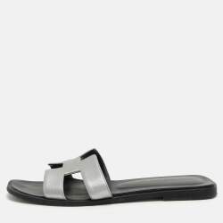 Hermes Silver Leather Oran Flat Slides Size 38.5