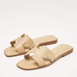 Pre Owned Hermes Beige Leather Oran Flat Slides Size 35