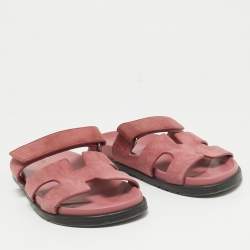 Pre Owned Hermes Pink Suede Chypre Flat Slides Size 38