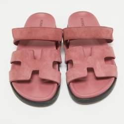 Pre Owned Hermes Pink Suede Chypre Flat Slides Size 38