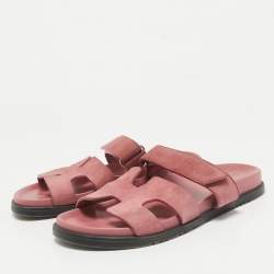 Pre Owned Hermes Pink Suede Chypre Flat Slides Size 38
