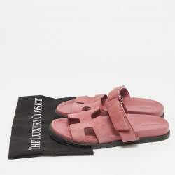 Pre Owned Hermes Pink Suede Chypre Flat Slides Size 38