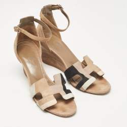 Hermes Multicolor Suede Legend Ankle Strap Wedge Sandals Size 38