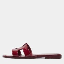 Pre Owned Hermes Burgundy Patent Leather Oran Flat Slides Size 36