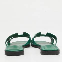 Pre Owned Hermes Green Leather Oran Flat Slides Size 35.5