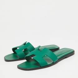 Pre Owned Hermes Green Leather Oran Flat Slides Size 35.5