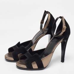 Hermes Black/Grey Leather and Suede Premiere Ankle Strap Sandals Size 40