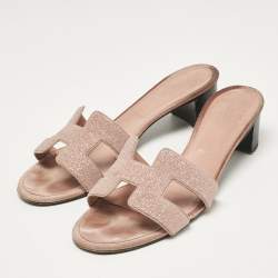 Hermes Beige Glitter and Suede Oasis Slide Sandals Size 41