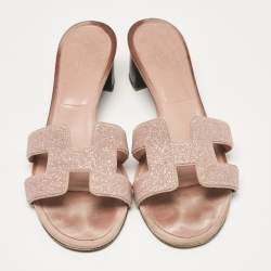 Hermes Beige Glitter and Suede Oasis Slide Sandals Size 41