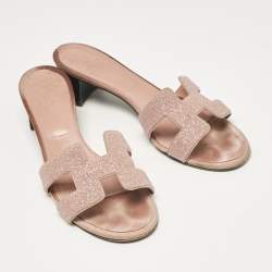 Hermes Beige Glitter and Suede Oasis Slide Sandals Size 41