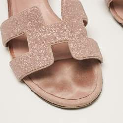 Hermes Beige Glitter and Suede Oasis Slide Sandals Size 41