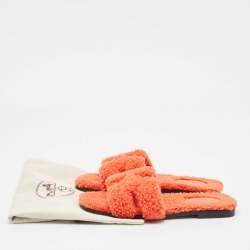 Pre Owned Hermes Orange Shearling Fur Oran Flat Slide Sandals Size 39
