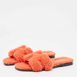 Pre Owned Hermes Orange Shearling Fur Oran Flat Slide Sandals Size 39