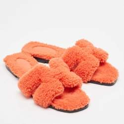 Pre Owned Hermes Orange Shearling Fur Oran Flat Slide Sandals Size 39