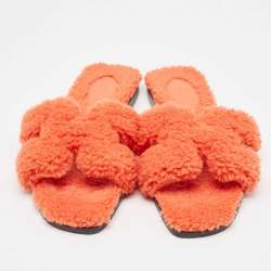 Pre Owned Hermes Orange Shearling Fur Oran Flat Slide Sandals Size 39