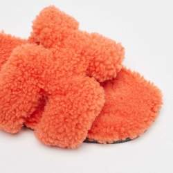Pre Owned Hermes Orange Shearling Fur Oran Flat Slide Sandals Size 39