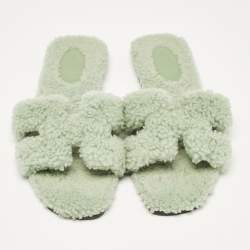 Hermes Mint Green Shearling Fur Oran Flat Slide Sandals Size 38.5