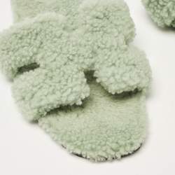 Hermes Mint Green Shearling Fur Oran Flat Slide Sandals Size 38.5
