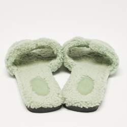 Hermes Mint Green Shearling Fur Oran Flat Slide Sandals Size 38.5