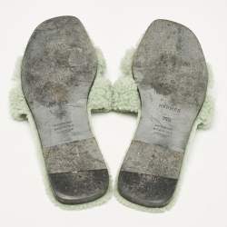 Hermes Mint Green Shearling Fur Oran Flat Slide Sandals Size 38.5