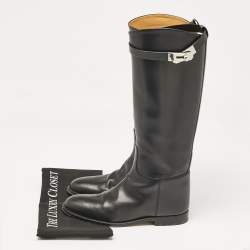 مملوكة مسبقًا Hermes Black Leather Jumping Knee Length Boots Size 38