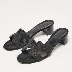 Hermes Black Glitter and Suede Oasis Slide Sandals Size 36.5