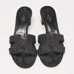 Hermes Black Glitter and Suede Oasis Slide Sandals Size 36.5