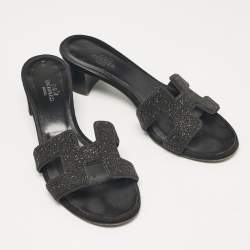 Hermes Black Glitter and Suede Oasis Slide Sandals Size 36.5