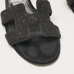 Hermes Black Glitter and Suede Oasis Slide Sandals Size 36.5