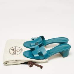 Pre Owned Hermes Teal Blue Leather Oasis Slide Sandals Size 37