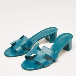 Pre Owned Hermes Teal Blue Leather Oasis Slide Sandals Size 37