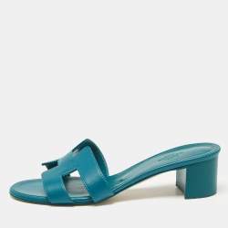 Pre Owned Hermes Teal Blue Leather Oasis Slide Sandals Size 37