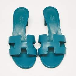 Pre Owned Hermes Teal Blue Leather Oasis Slide Sandals Size 37