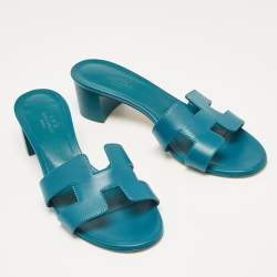 Pre Owned Hermes Teal Blue Leather Oasis Slide Sandals Size 37