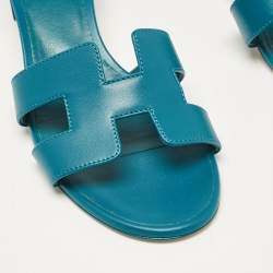 Pre Owned Hermes Teal Blue Leather Oasis Slide Sandals Size 37