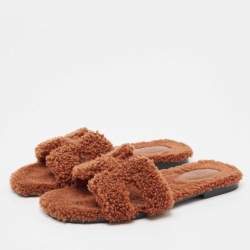 Hermes Brown Shearling Fur Oran Flat Slides Size 39