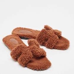 Hermes Brown Shearling Fur Oran Flat Slides Size 39