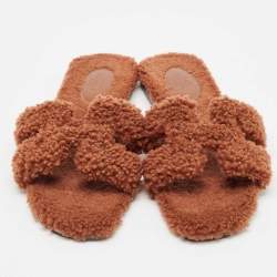 Hermes Brown Shearling Fur Oran Flat Slides Size 39