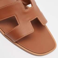 Pre Owned Hermes Brown Leather Oran Flat Slides Size 42