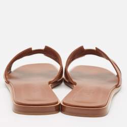 Pre Owned Hermes Brown Leather Oran Flat Slides Size 42