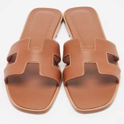 Pre Owned Hermes Brown Leather Oran Flat Slides Size 42